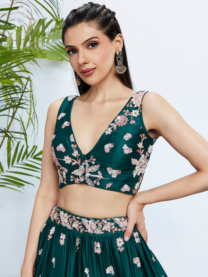 Green Pure Georgette Sequins and thread embroidery Semi-Stitched Lehenga choli & Dupatta ClothsVilla