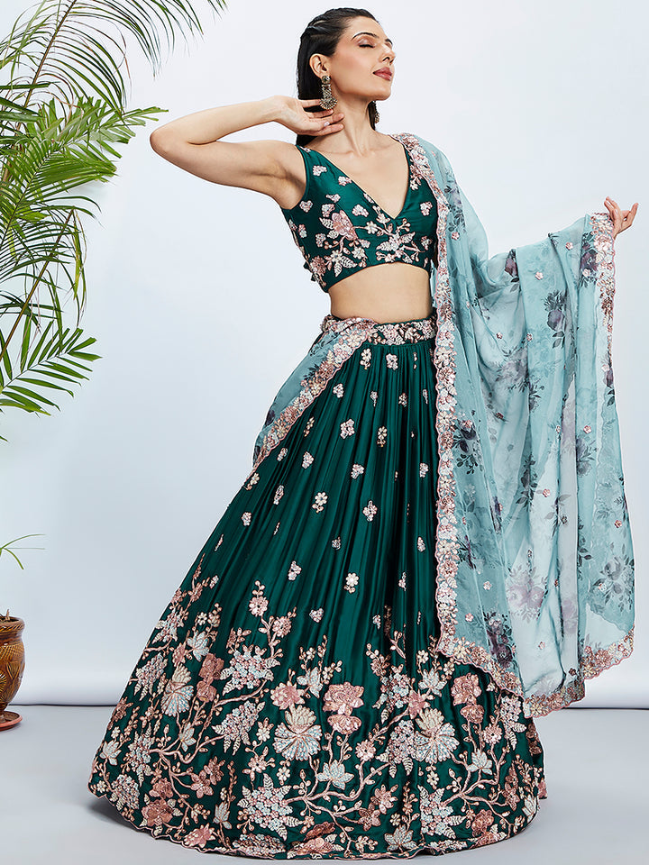 Green Pure Georgette Sequins and thread embroidery Semi-Stitched Lehenga choli & Dupatta ClothsVilla