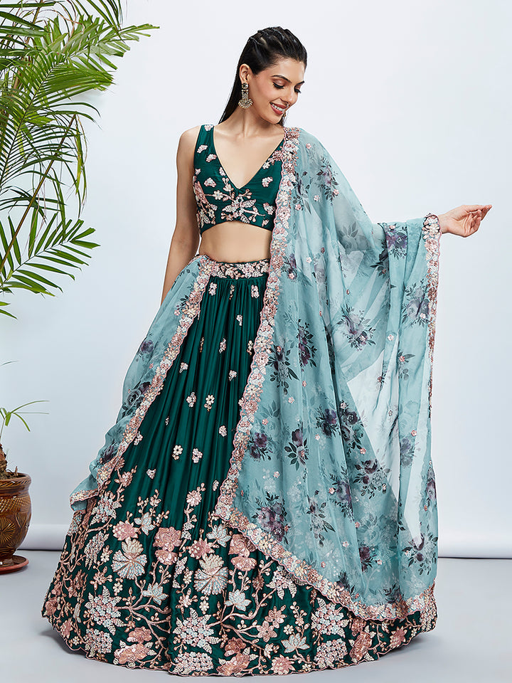 Green Pure Georgette Sequins and thread embroidery Semi-Stitched Lehenga choli & Dupatta ClothsVilla