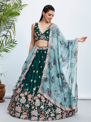 Green Pure Georgette Sequins and thread embroidery Semi-Stitched Lehenga choli & Dupatta ClothsVilla
