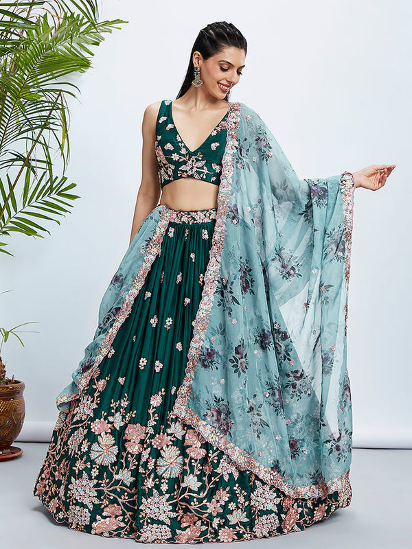 Green Pure Georgette Sequins and thread embroidery Semi-Stitched Lehenga choli & Dupatta ClothsVilla