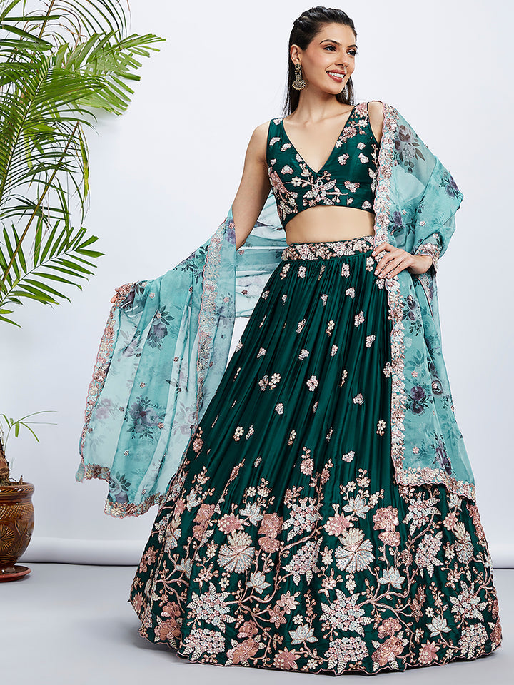 Green Pure Georgette Sequins and thread embroidery Semi-Stitched Lehenga choli & Dupatta ClothsVilla