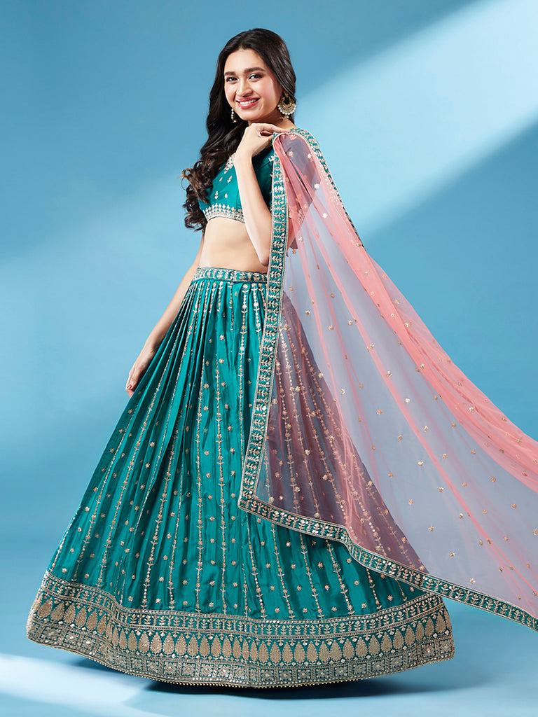 Green Pure Georgette Sequins Embroidered Semi-Stitched Lehenga ClothsVilla