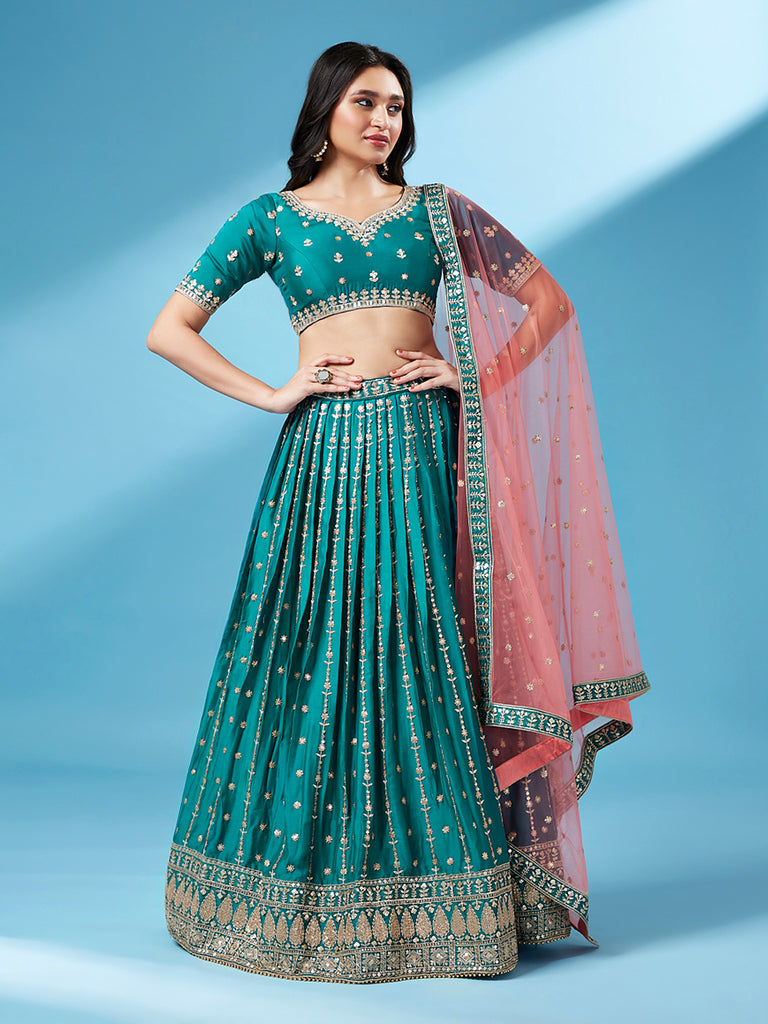 Green Pure Georgette Sequins Embroidered Semi-Stitched Lehenga ClothsVilla