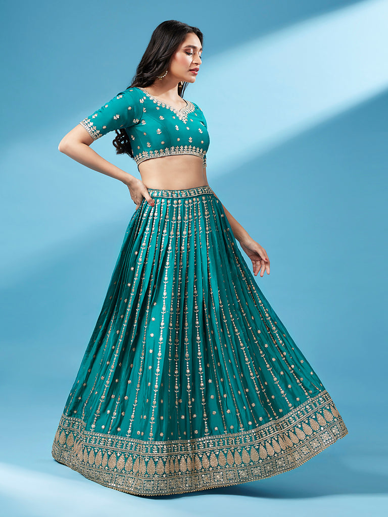 Green Pure Georgette Sequins Embroidered Semi-Stitched Lehenga ClothsVilla