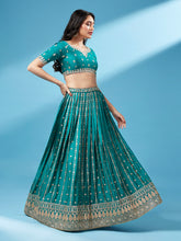 Load image into Gallery viewer, Green Pure Georgette Sequins Embroidered Semi-Stitched Lehenga ClothsVilla