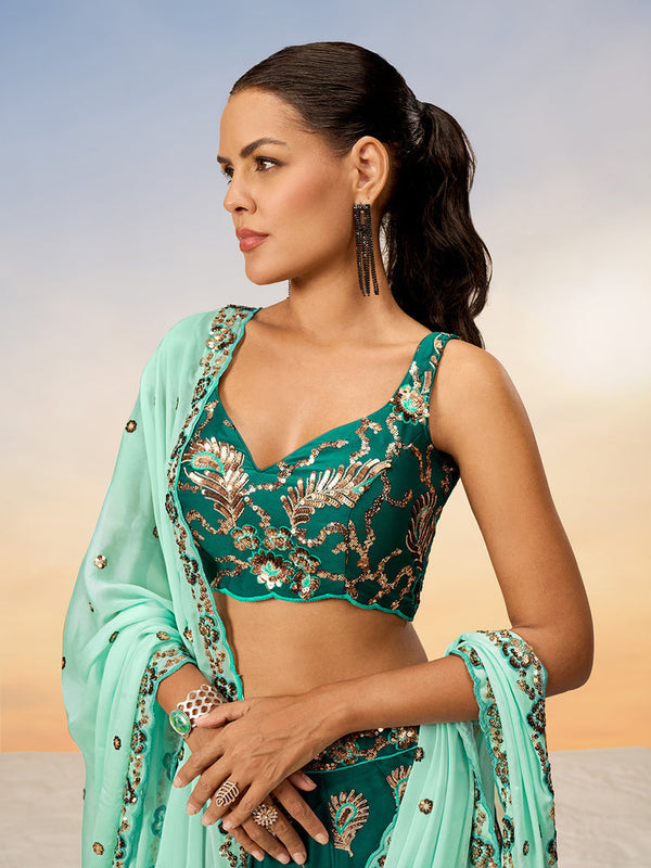 Green Pure Georgette with heavy Sequins embroidery Semi-Stitched Lehenga choli & Dupatta ClothsVilla.com