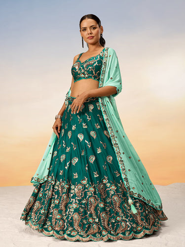 Green Pure Georgette with heavy Sequins embroidery Semi-Stitched Lehenga choli & Dupatta ClothsVilla.com