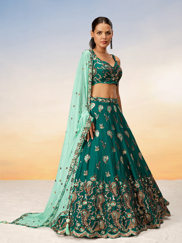 Green Pure Georgette with heavy Sequins embroidery Semi-Stitched Lehenga choli & Dupatta ClothsVilla.com