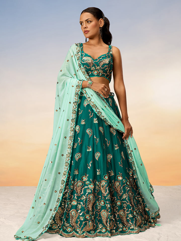 Green Pure Georgette with heavy Sequins embroidery Semi-Stitched Lehenga choli & Dupatta ClothsVilla.com Main image