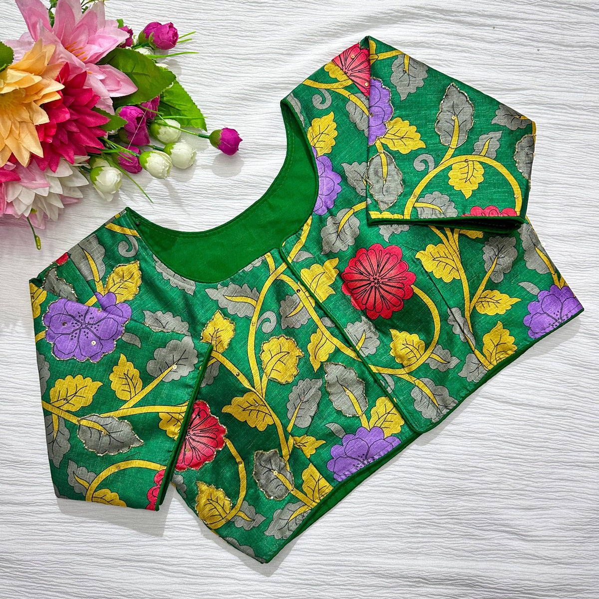 Green Pure Silk Blouse with Antique Handcrafted Detailing ClothsVilla Main image