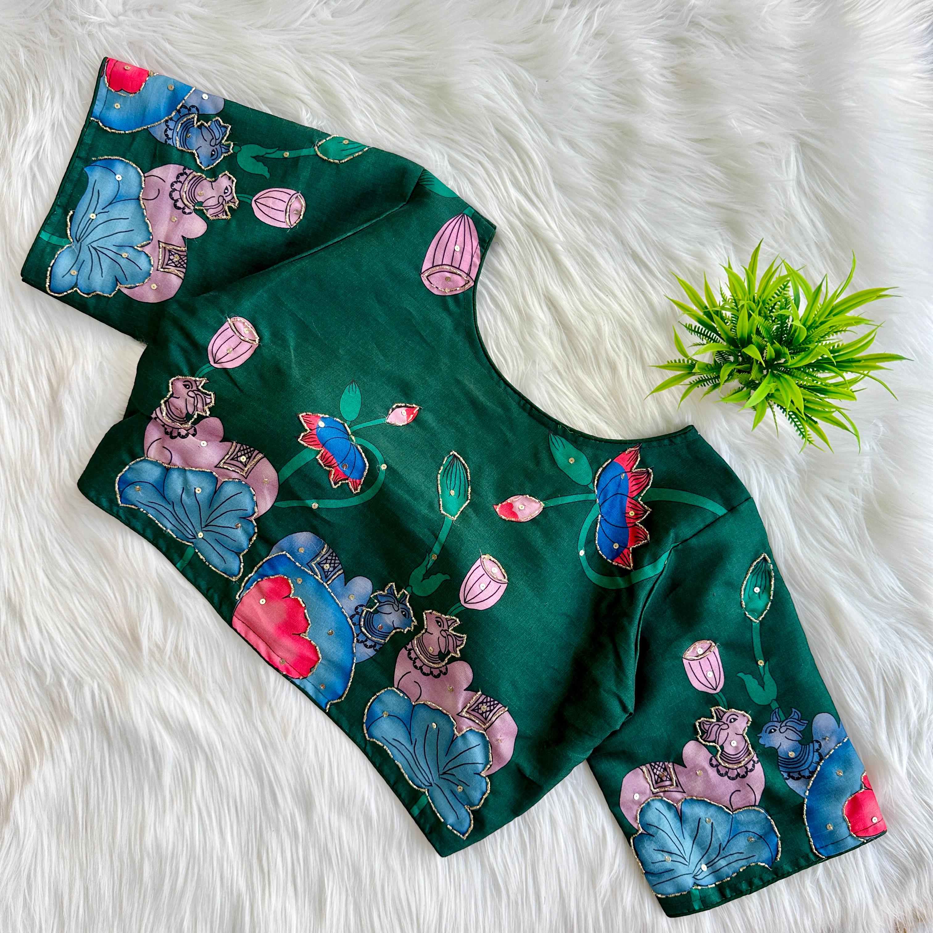 Green Pure Silk Blouse with Decent Print and Antique Handcrafted Work ClothsVilla Main image