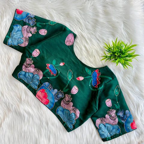 Green Pure Silk Blouse with Decent Print and Antique Handcrafted Work ClothsVilla Main image