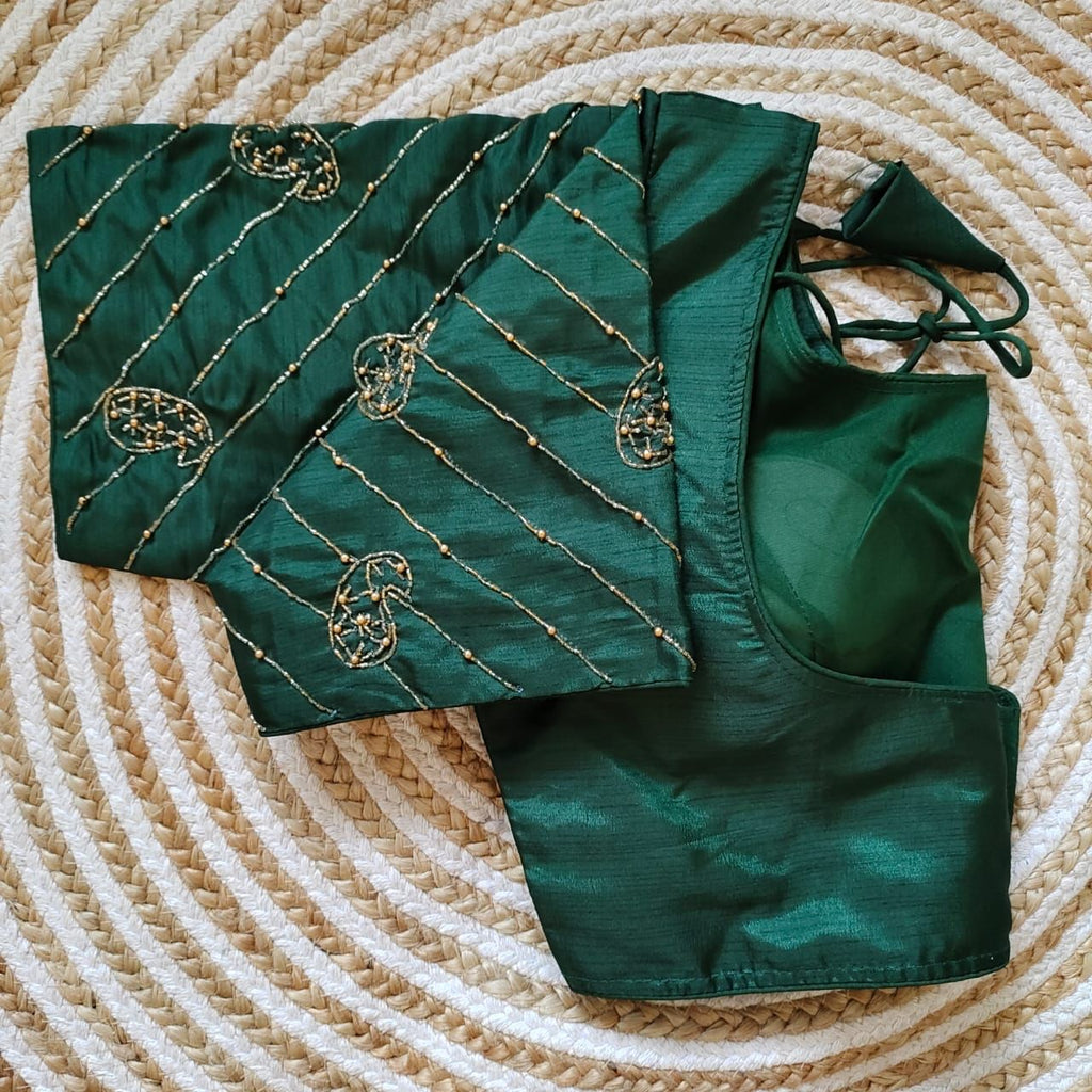 Green Pure Silk Blouse with Handcrafted Sleeves and Back Opening ClothsVilla