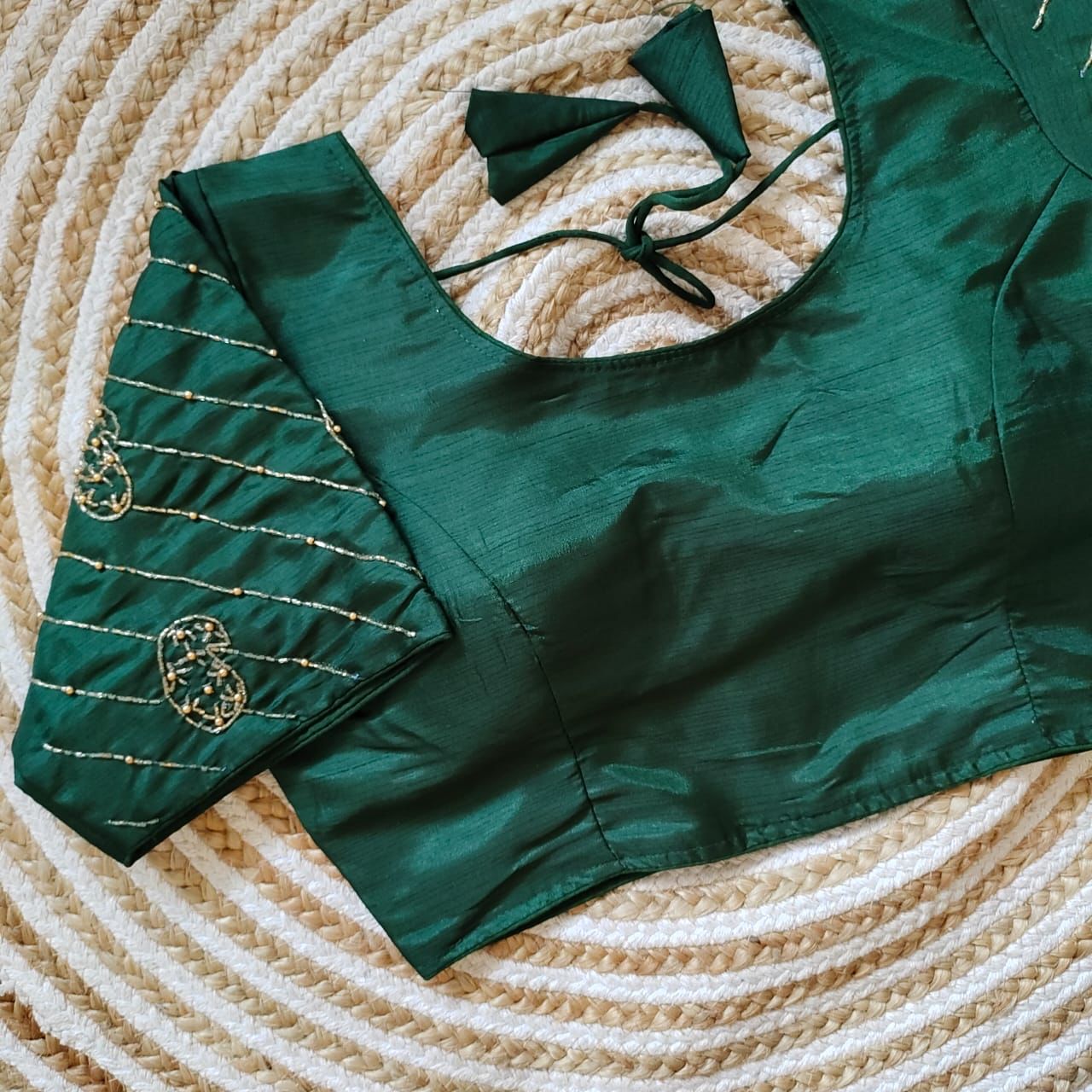 Green Pure Silk Blouse with Handcrafted Sleeves and Back Opening ClothsVilla Main image