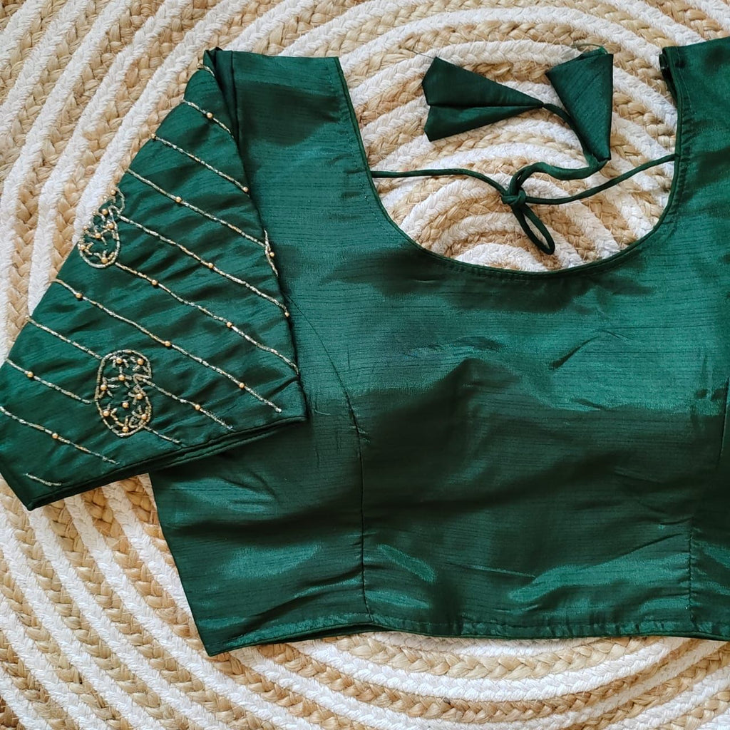 Green Pure Silk Blouse with Handcrafted Sleeves and Back Opening ClothsVilla