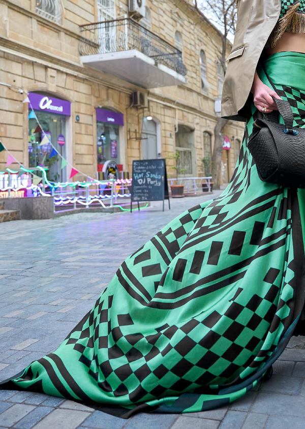 Green Queen Digital Printed Satin Crepe Saree with Blouse Piece – Festive & Partywear ClothsVilla