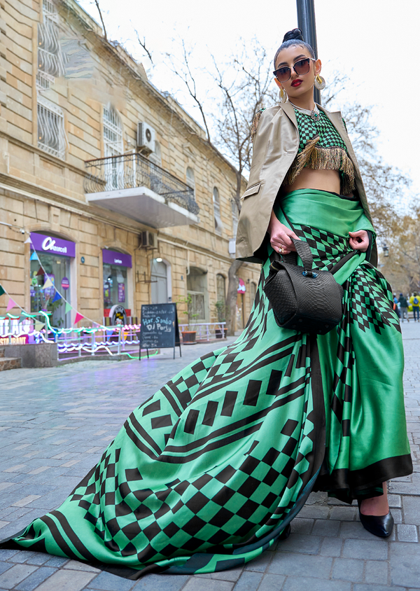 Green Queen Digital Printed Satin Crepe Saree with Blouse Piece – Festive & Partywear ClothsVilla