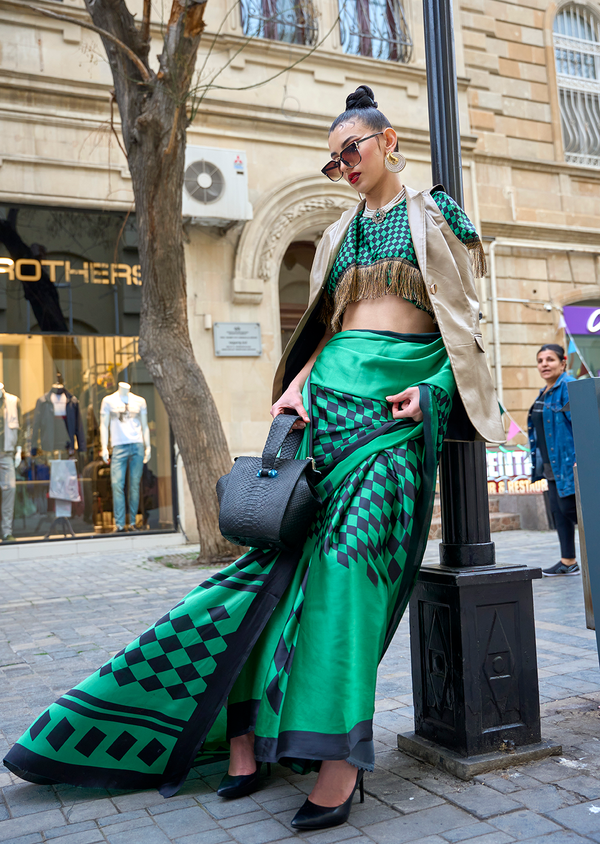 Green Queen Digital Printed Satin Crepe Saree with Blouse Piece – Festive & Partywear ClothsVilla