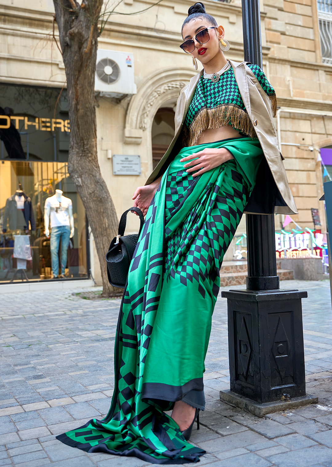 Green Queen Digital Printed Satin Crepe Saree with Blouse Piece – Festive & Partywear ClothsVilla Main image