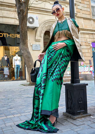 Green Queen Digital Printed Satin Crepe Saree with Blouse Piece – Festive & Partywear ClothsVilla