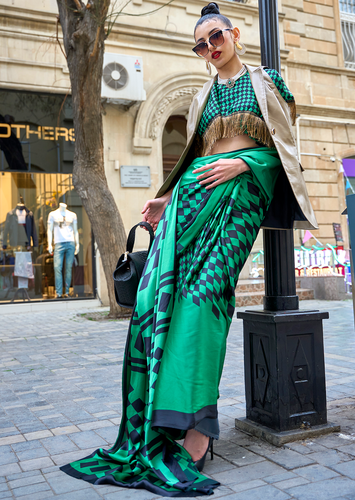 Green Queen Digital Printed Satin Crepe Saree with Blouse Piece – Festive & Partywear ClothsVilla