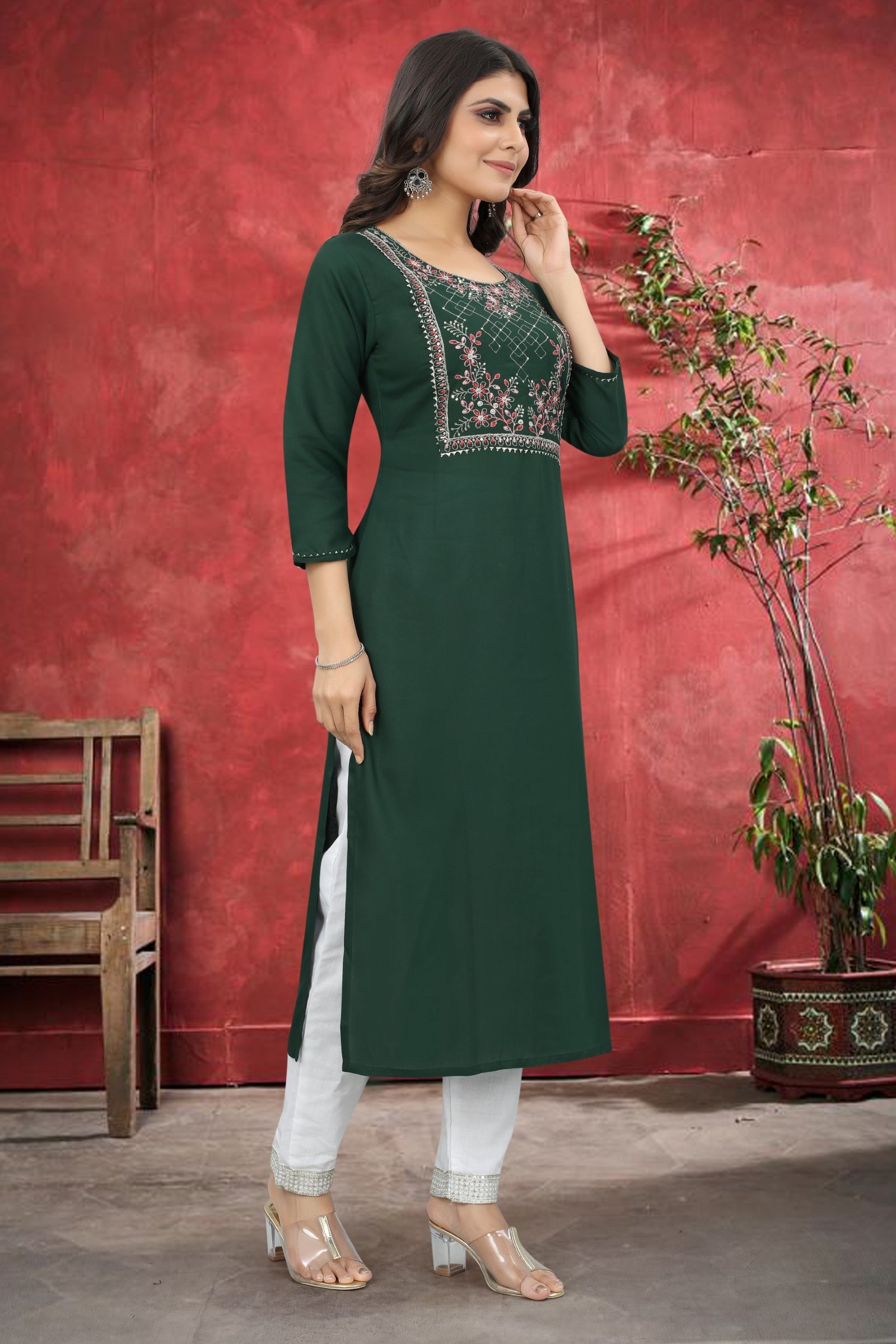 Green Rayon Kurta Set With Pant ClothsVilla