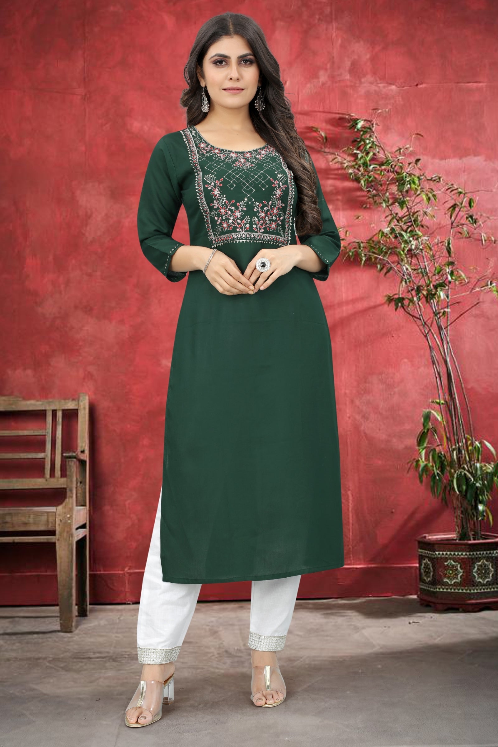 Green Rayon Kurta Set With Pant ClothsVilla