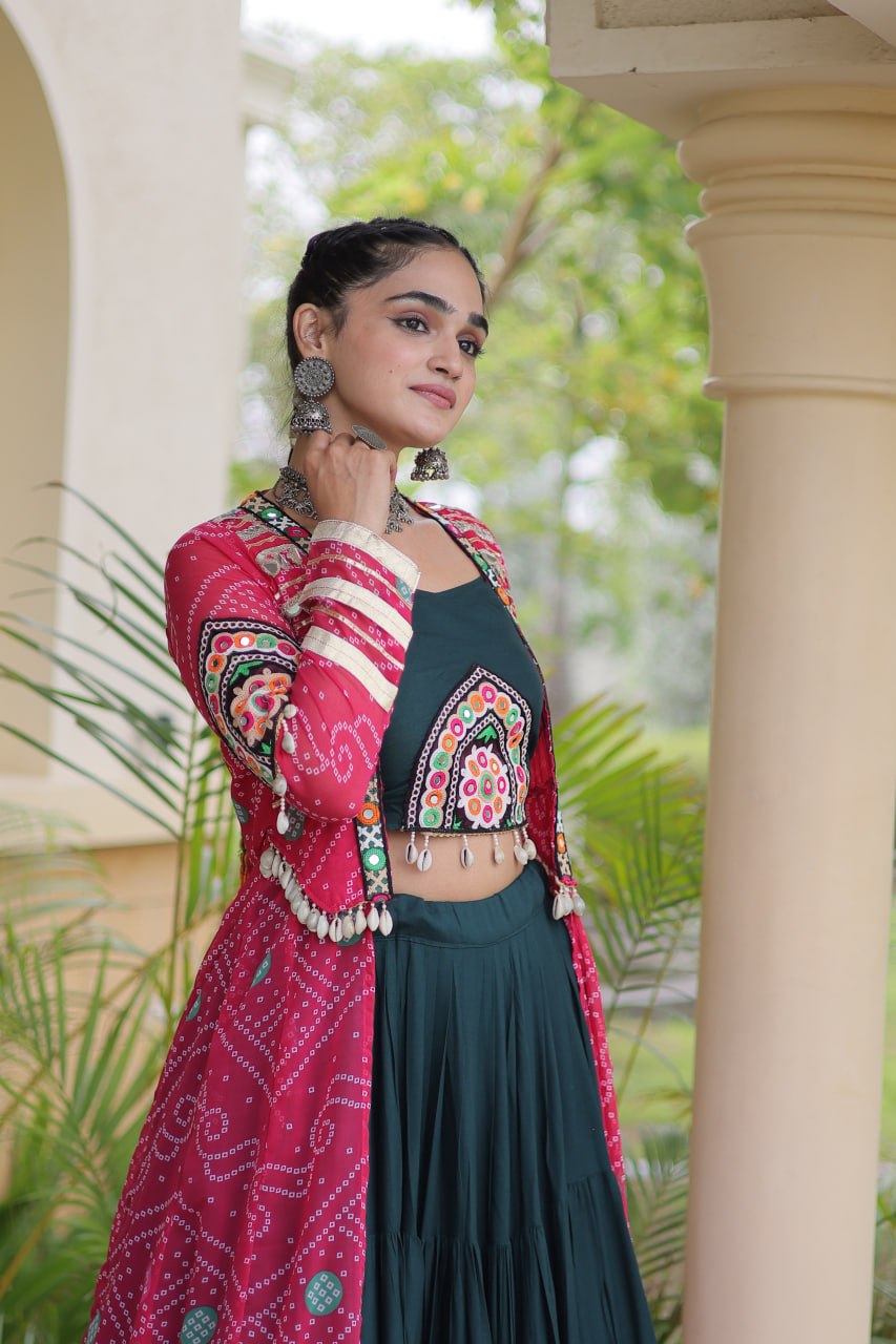 Green Rayon Lehenga Choli with Shrug ClothsVilla