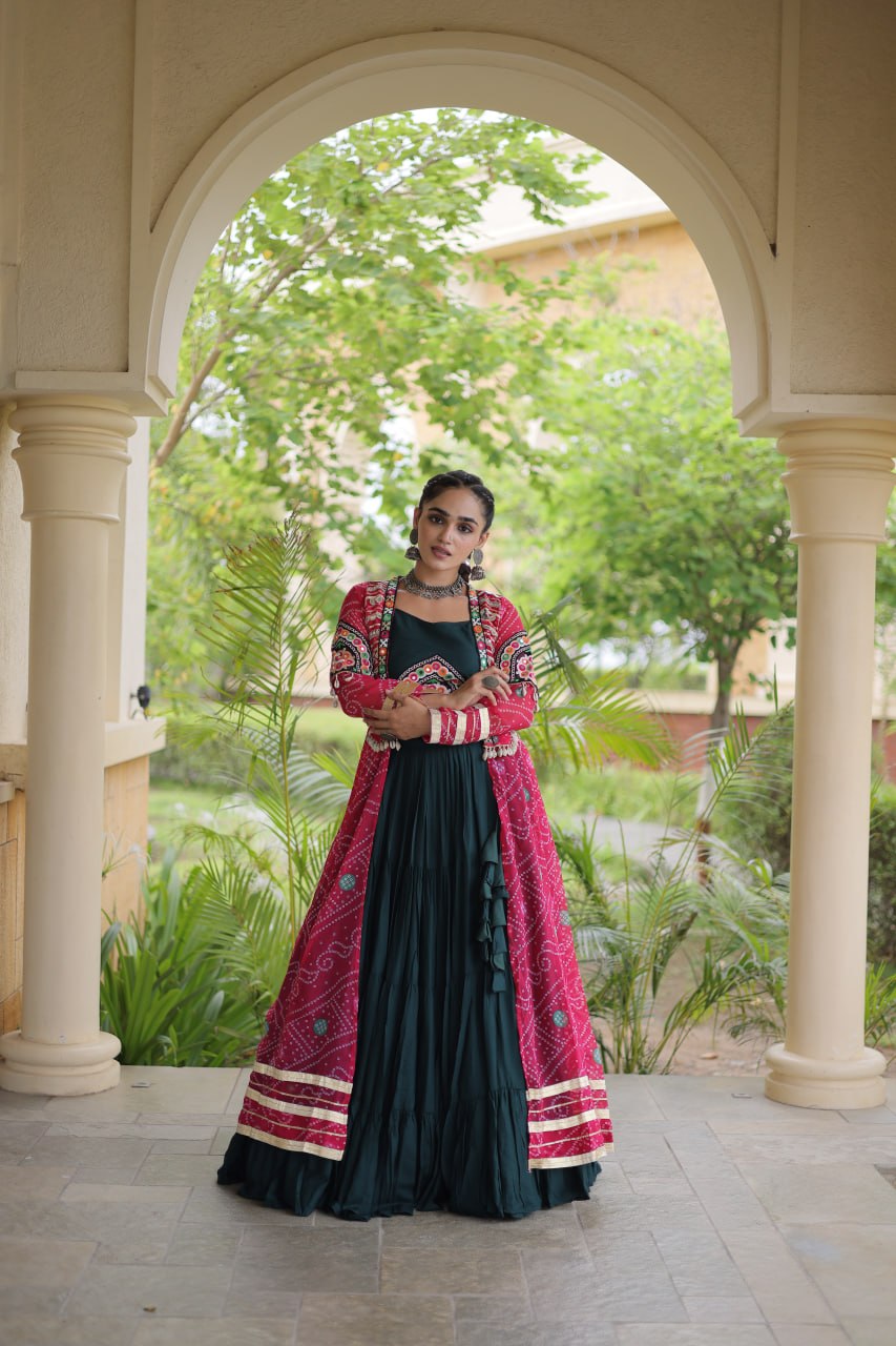 Green Rayon Lehenga Choli with Shrug ClothsVilla