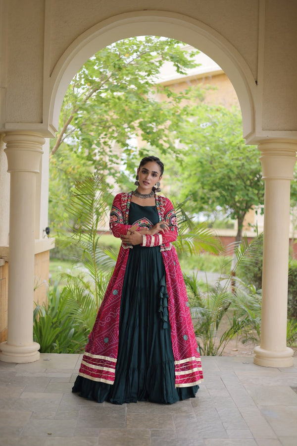 Green Rayon Lehenga Choli with Shrug ClothsVilla