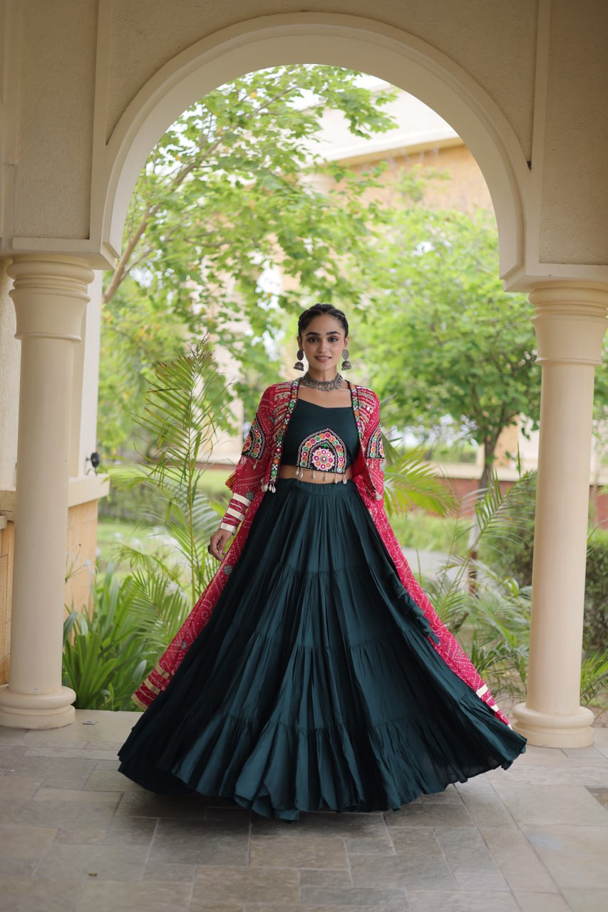 Green Rayon Lehenga Choli with Shrug ClothsVilla