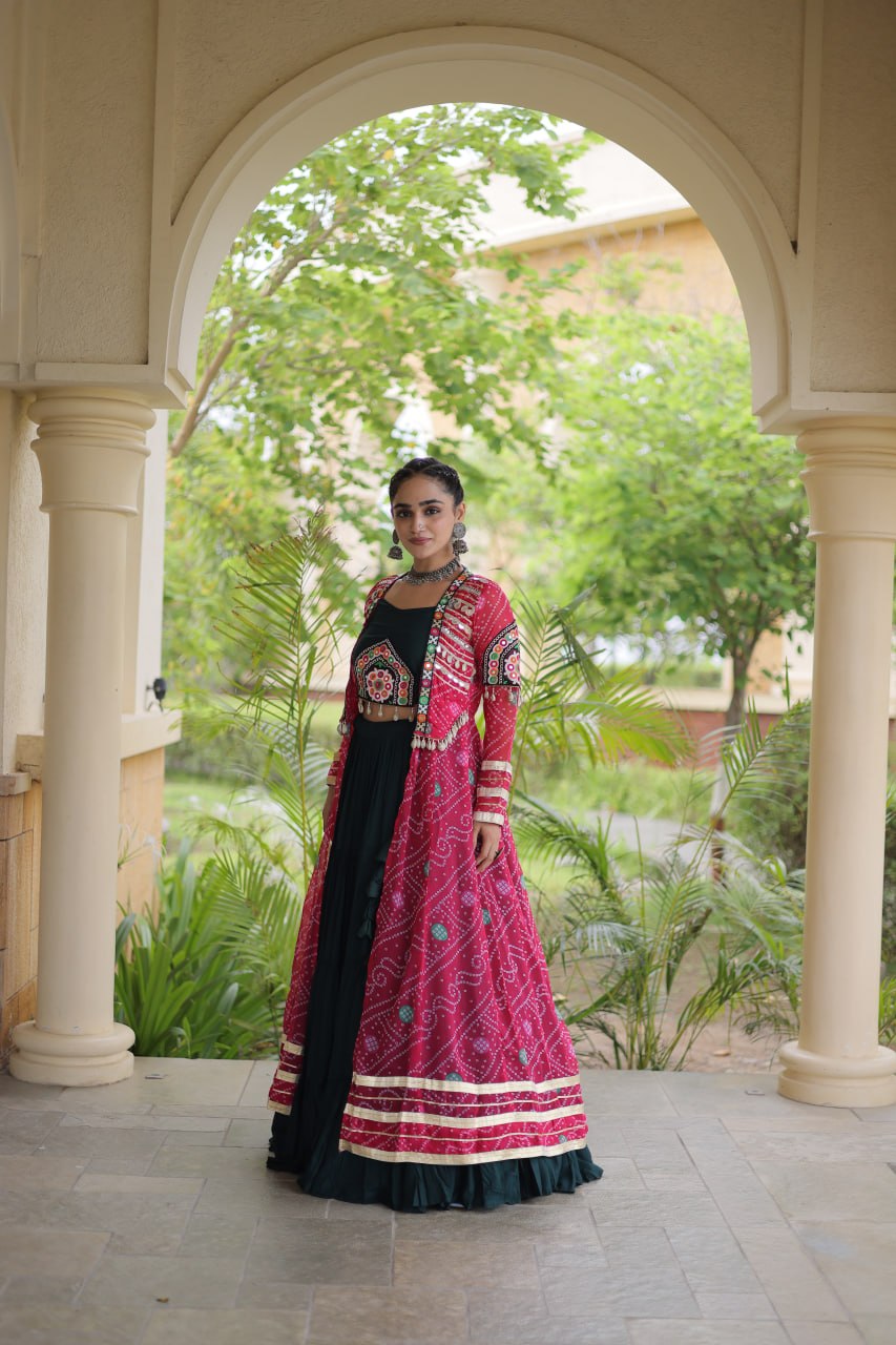 Green Rayon Lehenga Choli with Shrug ClothsVilla