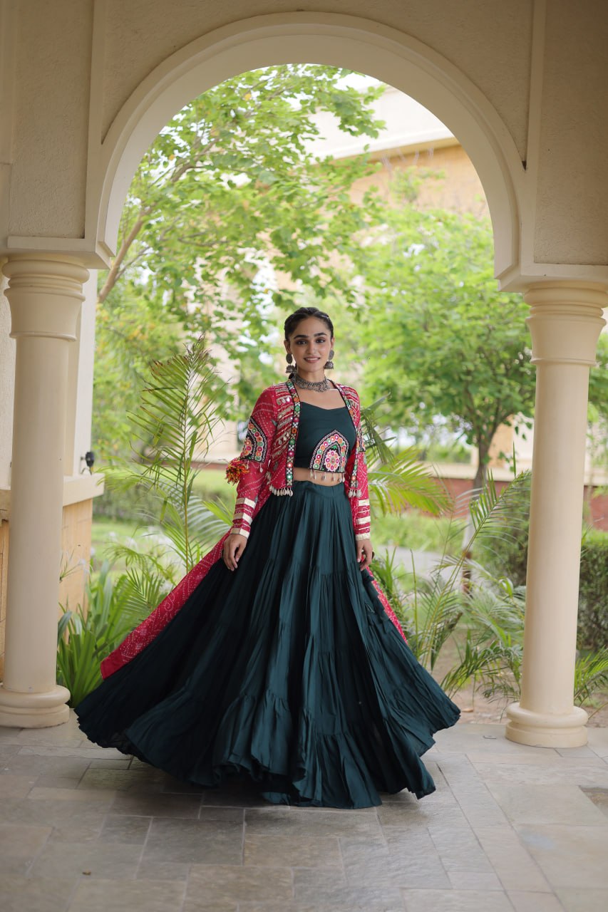 Green Rayon Lehenga Choli with Shrug ClothsVilla