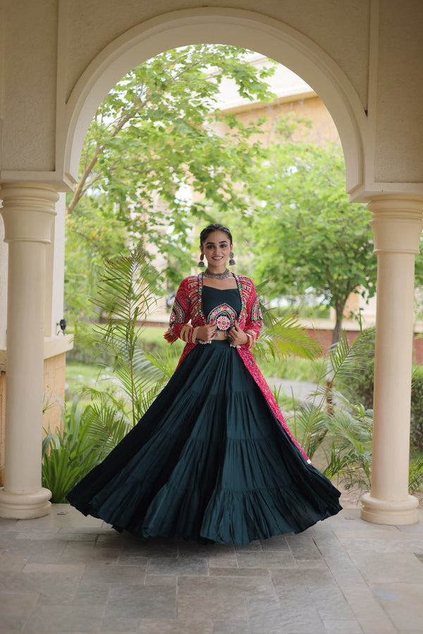 Green Rayon Lehenga Choli with Shrug ClothsVilla