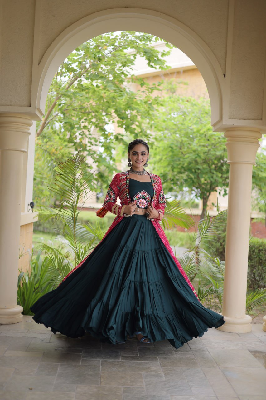 Green Rayon Lehenga Choli with Shrug ClothsVilla