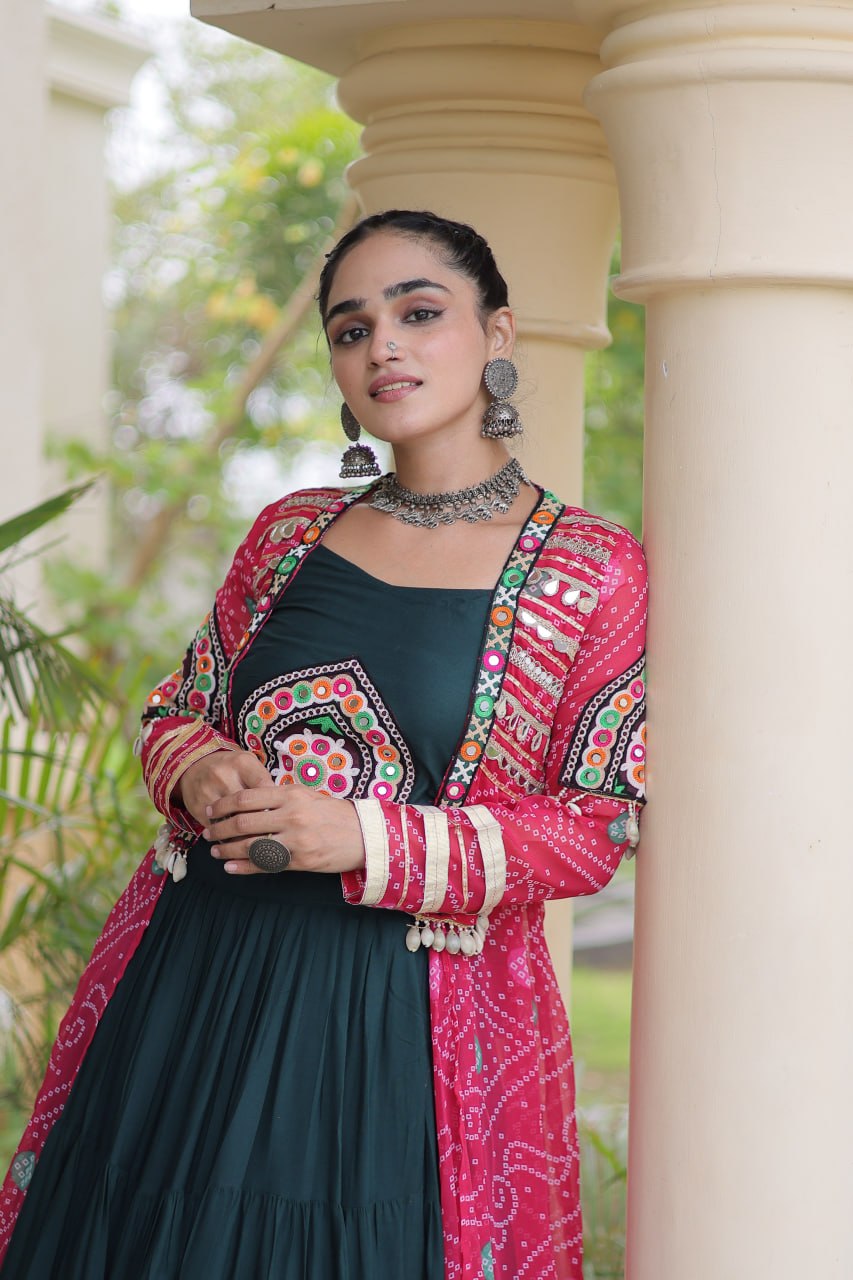 Green Rayon Lehenga Choli with Shrug ClothsVilla