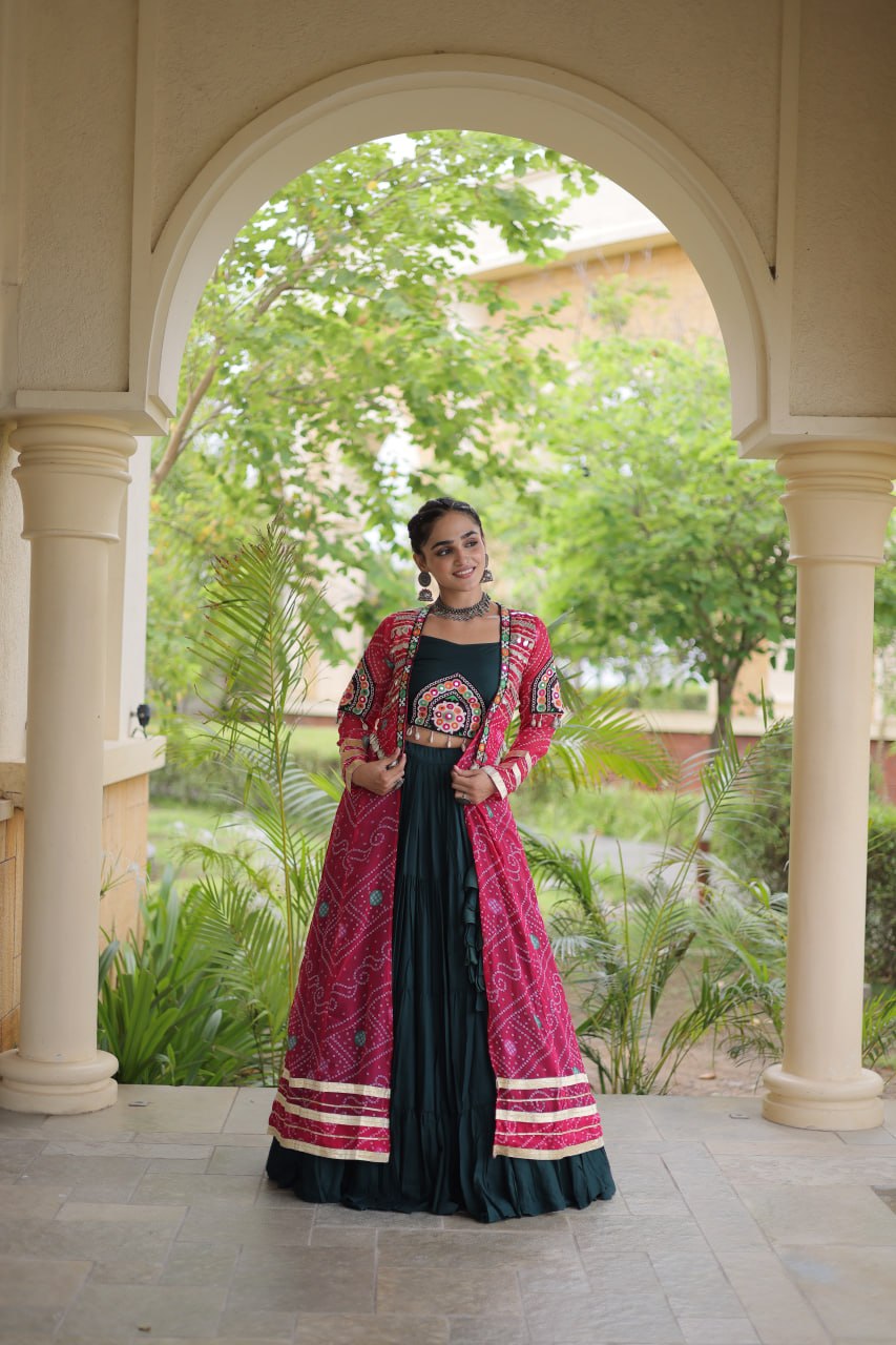 Green Rayon Lehenga Choli with Shrug ClothsVilla