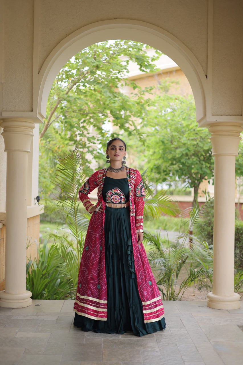 Green Rayon Lehenga Choli with Shrug ClothsVilla