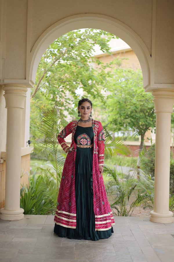 Green Rayon Lehenga Choli with Shrug ClothsVilla
