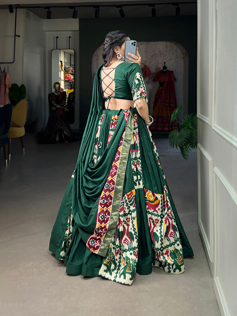 Green Rayon Printed Silk Lehenga Choli with Gota Patti & Cowrie Detailing ClothsVilla