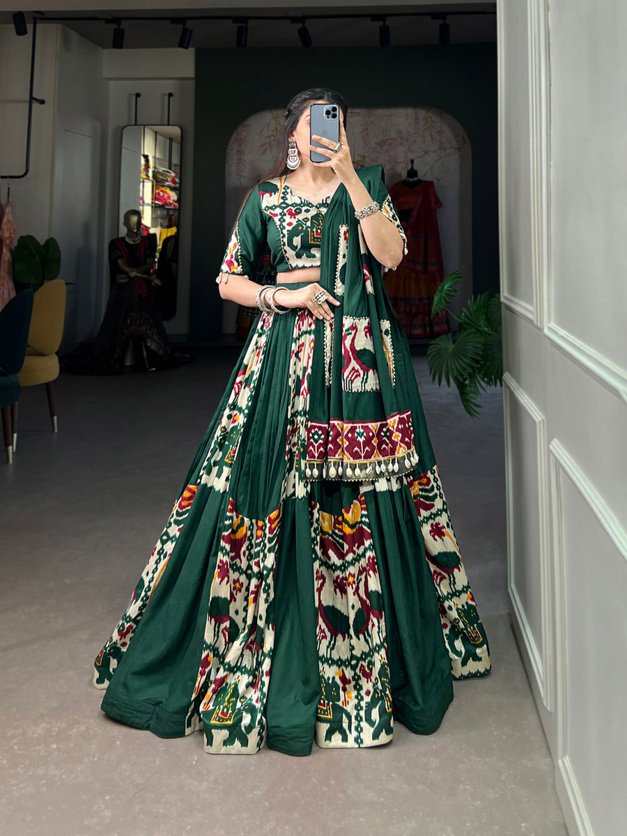 Green Rayon Printed Silk Lehenga Choli with Gota Patti & Cowrie Detailing ClothsVilla