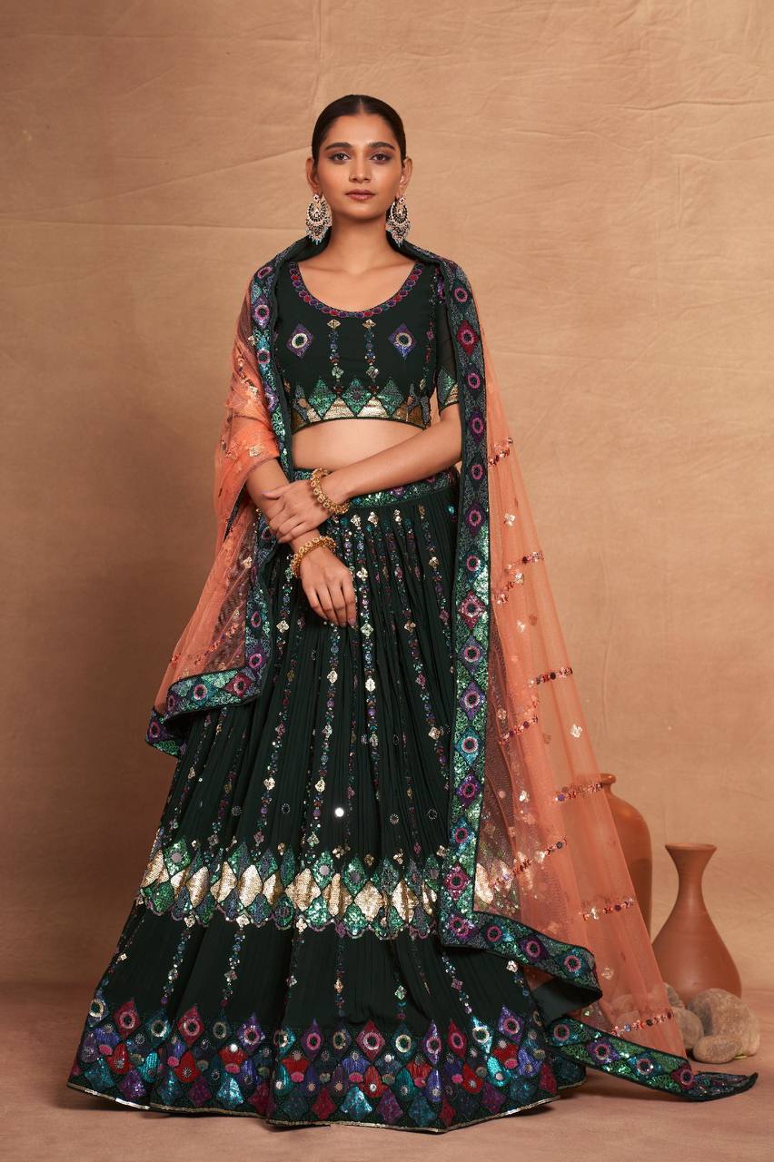 Green Regal Embroidered Georgette Lehenga Set – A Perfect Blend of Grace & Glamour ClothsVilla Main image