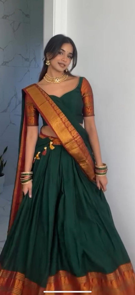 Green Regal Jacquard Weaving Lehenga Set  Semi-Stitched with 3.5 Meter Flair & Elegant Dupatta ClothsVilla