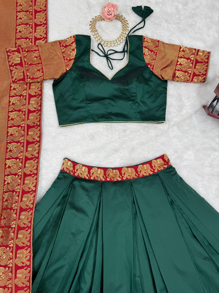 Green Regal Jacquard Weaving Lehenga Set  Semi-Stitched with 3.5 Meter Flair & Elegant Dupatta ClothsVilla