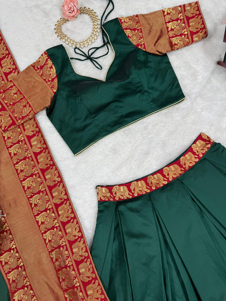 Green Regal Jacquard Weaving Lehenga Set  Semi-Stitched with 3.5 Meter Flair & Elegant Dupatta ClothsVilla