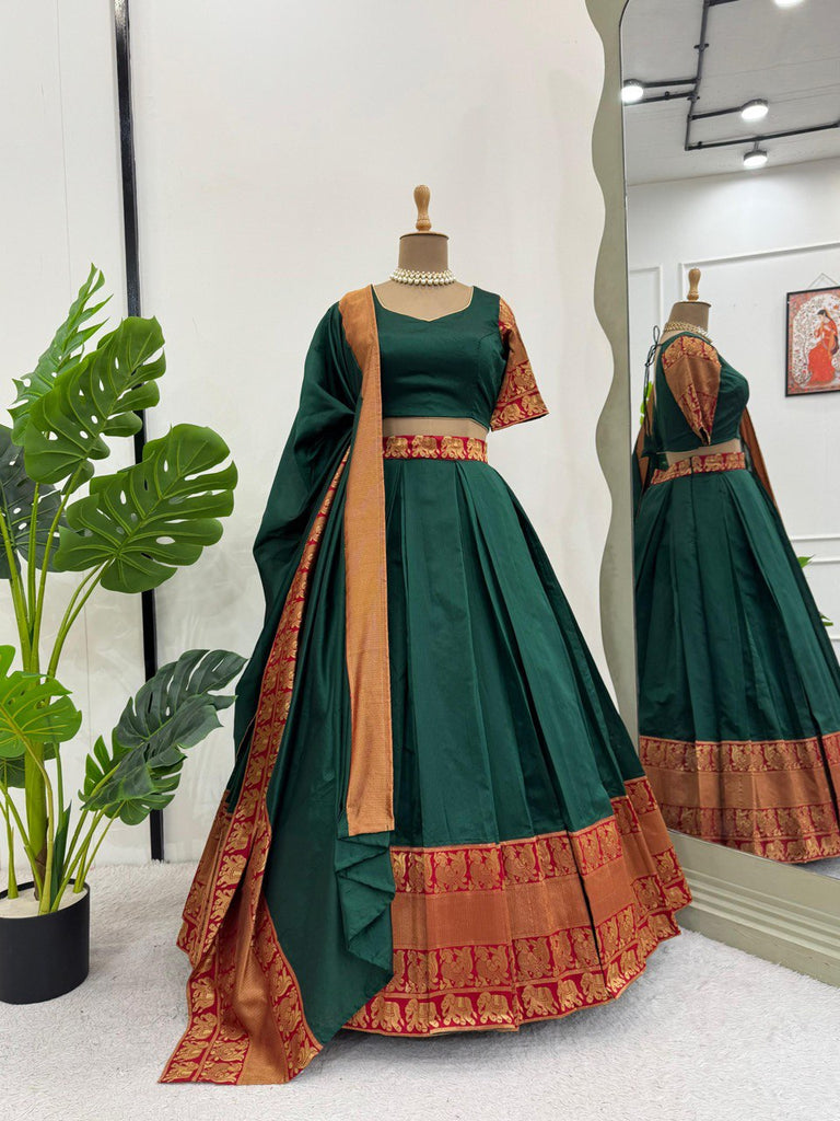 Green Regal Jacquard Weaving Lehenga Set  Semi-Stitched with 3.5 Meter Flair & Elegant Dupatta ClothsVilla