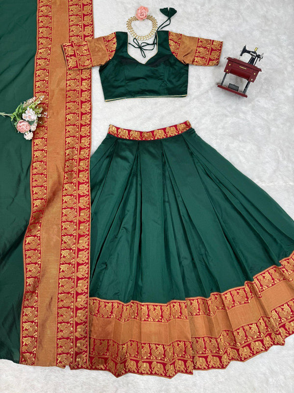 Green Regal Jacquard Weaving Lehenga Set  Semi-Stitched with 3.5 Meter Flair & Elegant Dupatta ClothsVilla