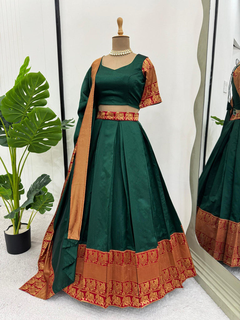 Green Regal Jacquard Weaving Lehenga Set  Semi-Stitched with 3.5 Meter Flair & Elegant Dupatta ClothsVilla