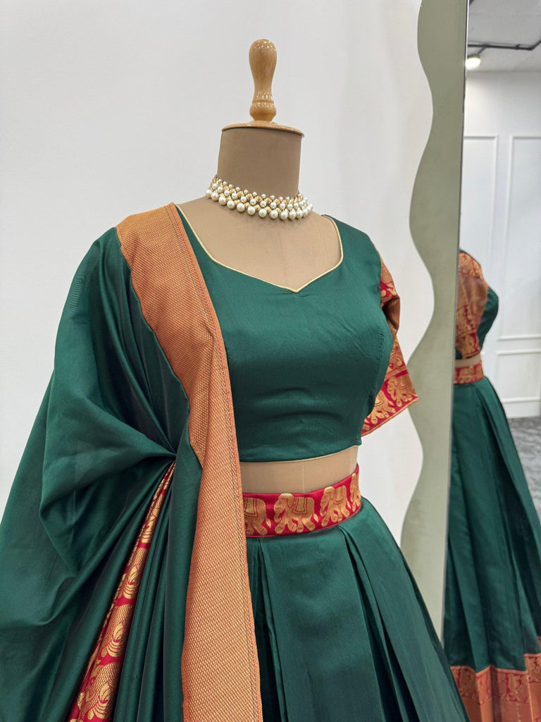 Green Regal Jacquard Weaving Lehenga Set  Semi-Stitched with 3.5 Meter Flair & Elegant Dupatta ClothsVilla